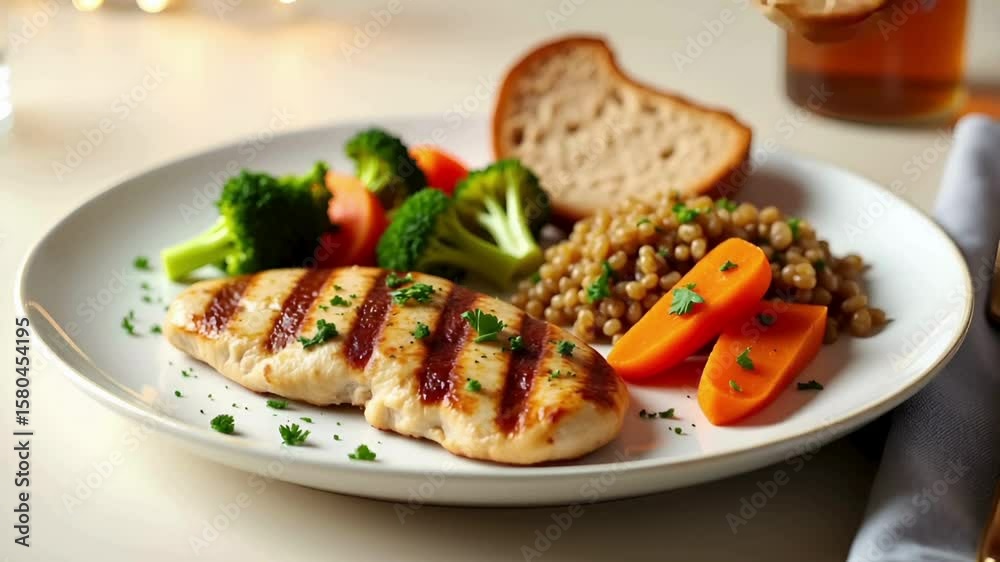 Grilled Chicken Breast with Roasted Vegetables and Grain Medley, Healthy Diet Plate Grilled Chicken Breast with Roasted Vegetables and Grain Medley, Healthy Diet Plate