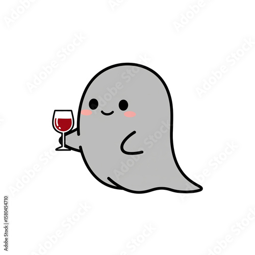 Cute Grey Ghost Holding a Glass of Red Wine | Halloween Party Clipart

