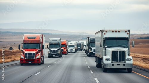 Semi trucks convoy traveling on highway road with freight cargo transportation logistics delivery supply chain commercial vehicles
