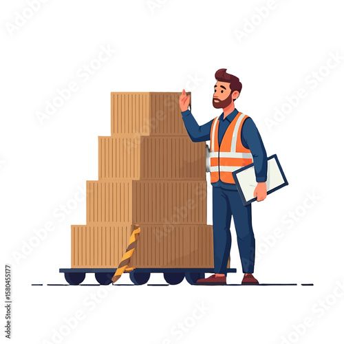 Worker Inspecting Boxes on Trolley at Warehouse