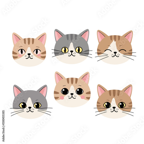 Six adorable cartoon cat faces, showcasing various expressions and coat colors.