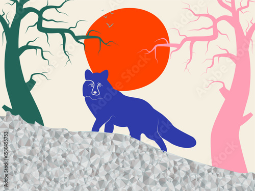 Illustration of a blue wolf with an upright expression on the snow at sunset in Matisse style