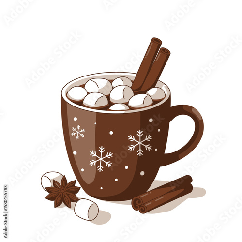 Illustration of a brown mug filled with hot chocolate, marshmallows, and cinnamon sticks, with anise and marshmallows nearby.