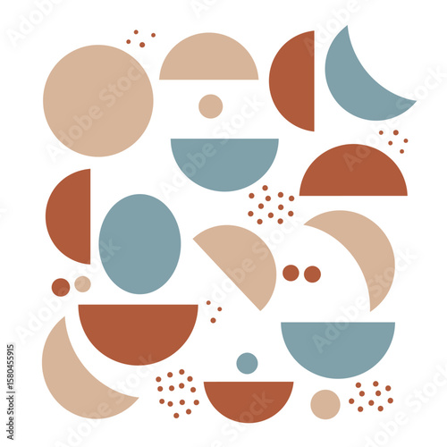 Abstract geometric design featuring circles, semi-circles, and dots in a muted color palette on a white background.