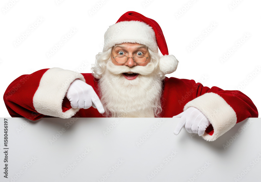 Naklejka premium A jolly santa claus with a white beard and glasses points to a blank white sign, isolated on a transparent background, embodying the spirit of christmas
