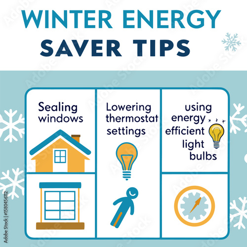 Illustration showing winter energy saver tips including sealing windows and lowering thermostat settings