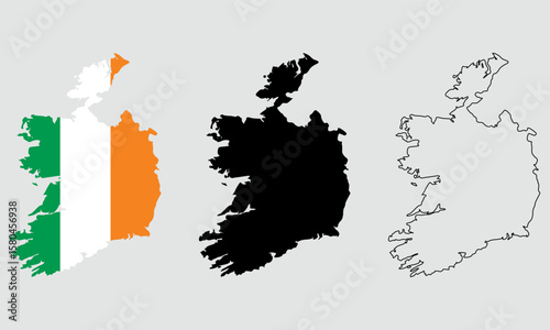 Ireland map in outline style, black color, color of country flag version.	