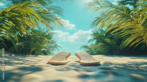 Tropical beach slippers on sandy shore
