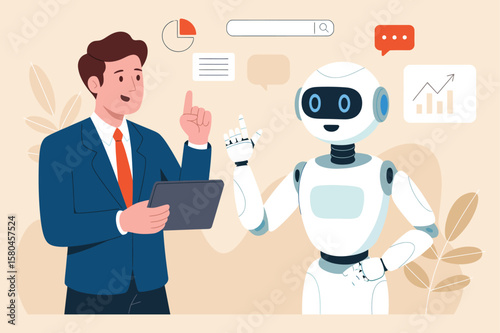 Artificial ntelligence chatbot helping businessman with data search and analytics on digital tablet interface