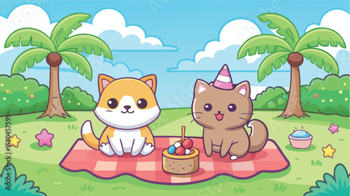 A cute kitten and puppy are happily celebrating a birthday on a green lawn. There are coconut trees, fruits and other cute details around them.