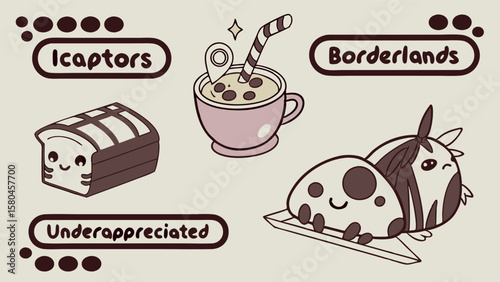 Set with food, images of toasts with different fillings, buns, noodles, bubble tea. Minimalistic design.