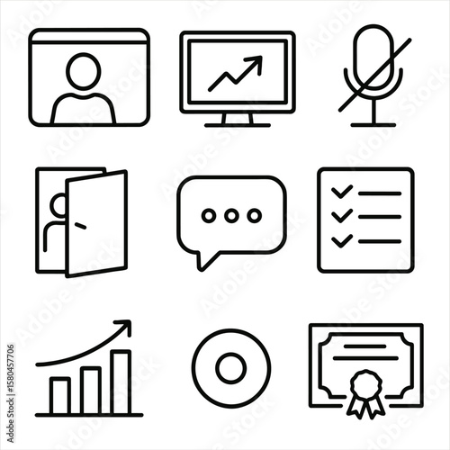 Remote Webinar Icons. Outline style icons of Remote Training Webinar: webcam frame, screen share icon, mute microphone, breakout