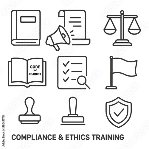 Compliance Icons Collection. Outline style icons of Compliance & Ethics Training: policy binder, regulation scroll, whistleblower