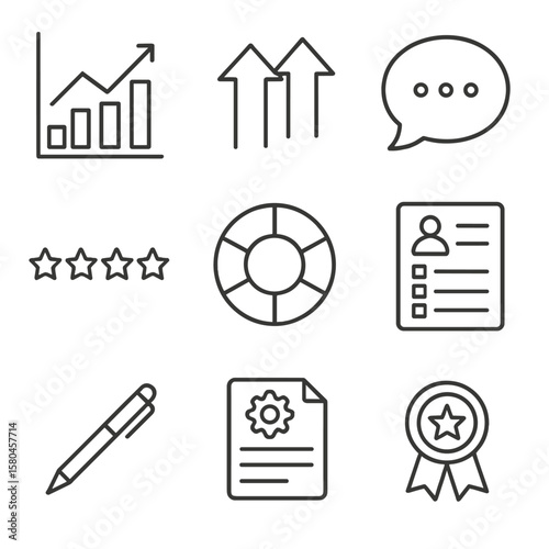 Performance Review Icons. Outline style icons of Performance Review: performance chart, goal alignment arrows, feedback speech