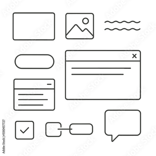 UX Wireframing Icons. Outline style icons of UX Wireframing Toolkit: wireframe rectangle, placeholder image, lorem text line,