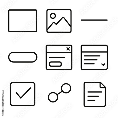 UX Wireframing Icons. Outline style icons of UX Wireframing Toolkit: wireframe rectangle, placeholder image, lorem text line,