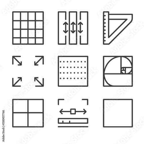 Outline Grid System Icons. Outline style icons of Layout Grid System: modular grid, column guide arrows, margin ruler, baseline