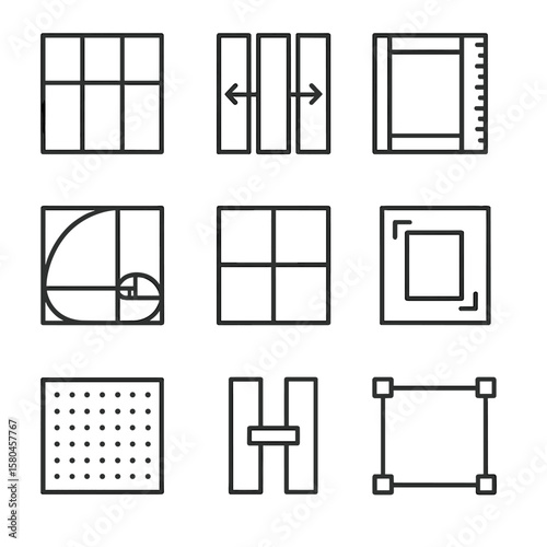 Outline Grid System Icons. Outline style icons of Layout Grid System: modular grid, column guide arrows, margin ruler, baseline