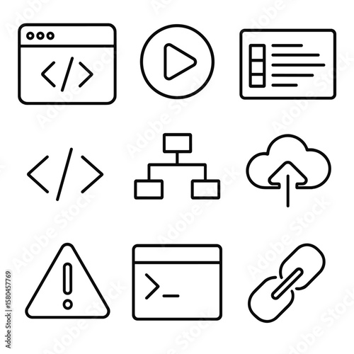 Coding Sandbox Icons. Outline style icons of Coding Sandbox Environment: code editor window, play run button, console output pane,