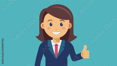 The illustration shows a young businesswoman smiling confidently and giving a thumbs up, dressed in a business suit. Success and professionalism.