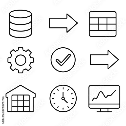 ETL Pipeline Icons. Outline style icons of ETL Pipeline Steps: data source cylinder, extract arrow, staging table, transform gear,