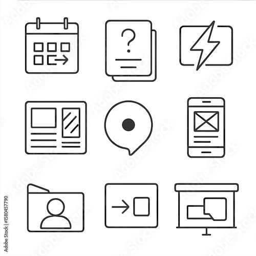 Design Sprint Icons. Outline style icons of Design Sprint Planning: sprint calendar, problem statement note, HMW card, lightning