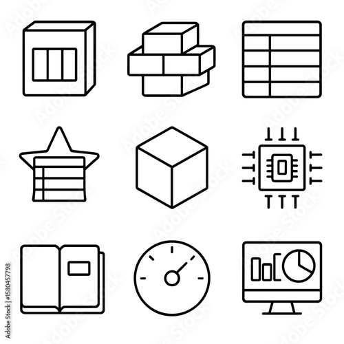 Data Warehouse Icons. Outline style icons of Data Warehouse Layers: source staging box, integration layer brick, dimension table,