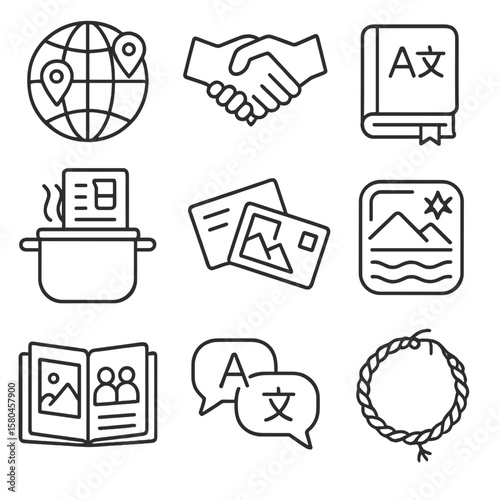 Cultural Exchange Icons. Outline style icons of Cultural Exchange Friends: globe pinpoints, flag handshake, language book, shared