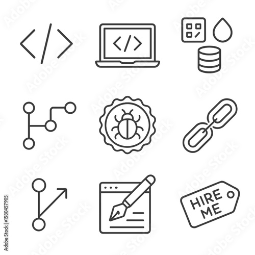 Developer Icon Set. Outline style icons of Software Developer Profile: code brackets, laptop screen, tech stack icons, commit