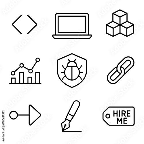 Developer Icon Set. Outline style icons of Software Developer Profile: code brackets, laptop screen, tech stack icons, commit