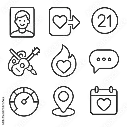 Dating App Icons. Outline style icons of Dating App Profile: smiling selfie, swipe heart, age badge, hobby icon, match flame, chat