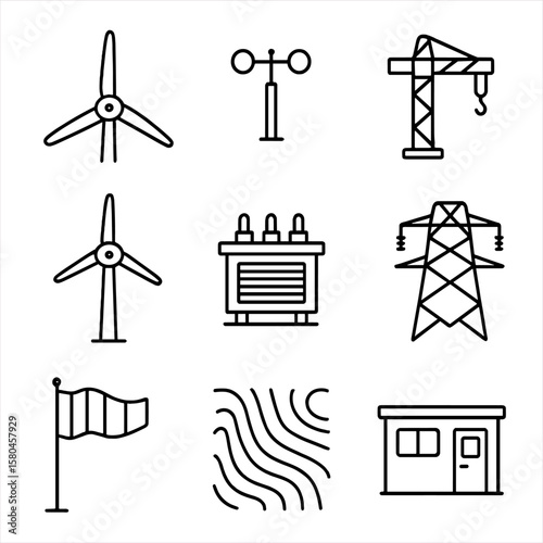 Wind Turbine Icons. Outline style icons of Wind Turbine Farm: three-blade rotor, nacelle housing, tower column, anemometer cup,