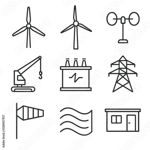 Wind Turbine Icons. Outline style icons of Wind Turbine Farm: three-blade rotor, nacelle housing, tower column, anemometer cup,
