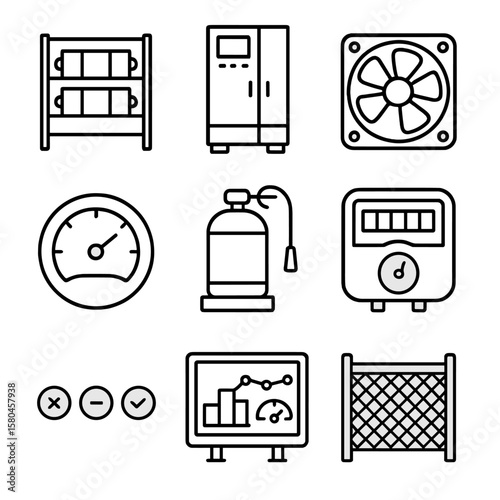 Smart Grid Icons. Outline style icons of Smart Grid Battery Storage: battery rack, inverter cabinet, cooling fan, state-of-charge