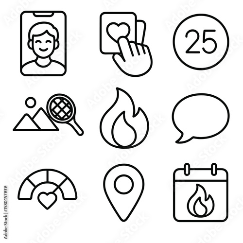 Dating App Icons. Outline style icons of Dating App Profile: smiling selfie, swipe heart, age badge, hobby icon, match flame, chat