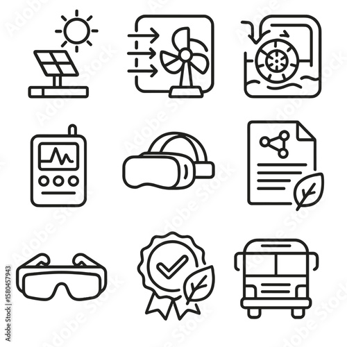 Renewable Energy Icons. Outline style icons of Renewable Energy Education Lab: solar kit model, wind tunnel, hydro turbine demo,