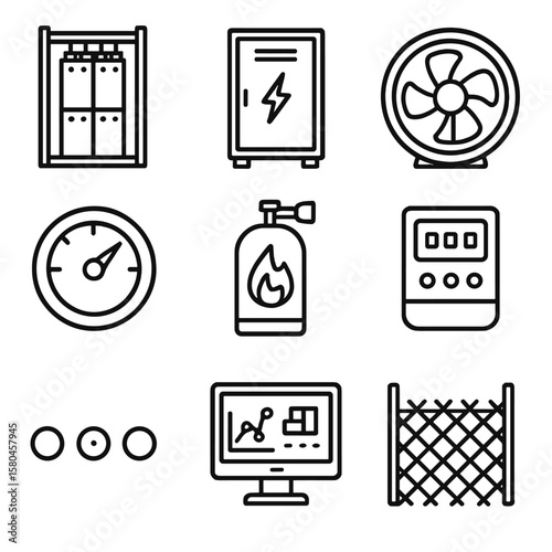Smart Grid Icons. Outline style icons of Smart Grid Battery Storage: battery rack, inverter cabinet, cooling fan, state-of-charge