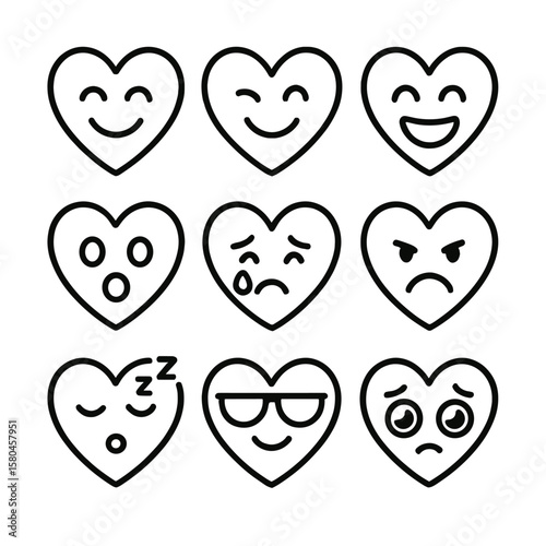Black Heart Emojis. Outline style icons of Black Heart Emojis: smiling black heart, winking black heart, laughing black heart,