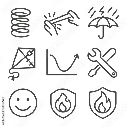 Resilience Icons Outline. Outline style icons of Resilience & Bounce Back: spring coil, rubber band snap, heart armor, umbrella in