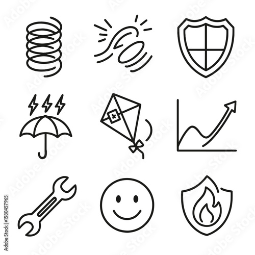 Resilience Icons Outline. Outline style icons of Resilience & Bounce Back: spring coil, rubber band snap, heart armor, umbrella in