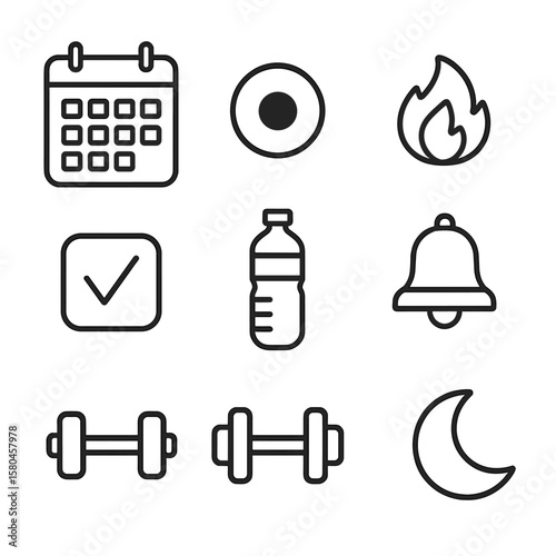 Daily Habit Icons. Outline style icons of Daily Habit Tracker: calendar grid, habit colored dot, streak flame, reminder bell,