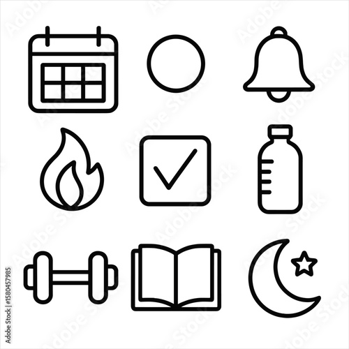 Daily Habit Icons. Outline style icons of Daily Habit Tracker: calendar grid, habit colored dot, streak flame, reminder bell,