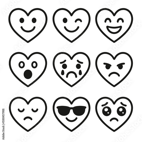 Black Heart Emojis. Outline style icons of Black Heart Emojis: smiling black heart, winking black heart, laughing black heart,