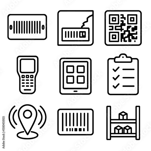 Asset Tracking Icons. Outline style icons of Asset Tracking Tags: durable barcode plate, tamper-evident label, equipment QR tag,