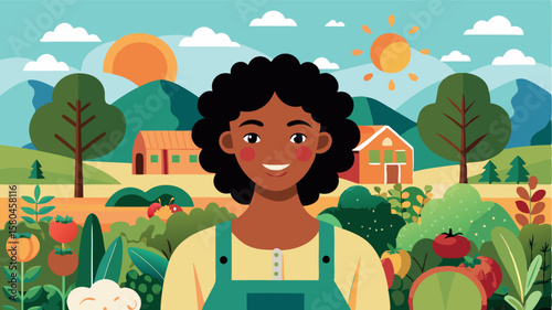 A woman smiles while working in a greenhouse among green plants. She is engaged in growing fresh vegetables on a sustainable farm. The bright sun illuminates her work.