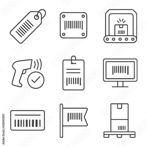 Manufacturing Barcode Icons. Outline style icons of Manufacturing Line Barcodes: work-in-progress tag, part serial barcode,