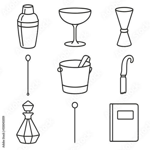 Mid-Century Bar Icons. Line style icons of Mid-Century Cocktail Bar: chrome shaker, coupe glass, jigger measure, swizzle stick,