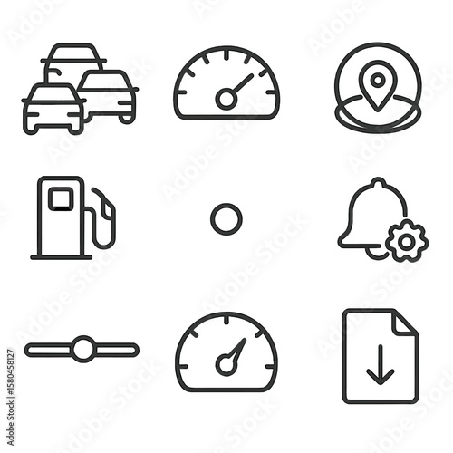 Fleet Tracking Icons. Line style icons of Fleet Tracking Dashboard: vehicle icon cluster, live speedometer, geofence ring, fuel