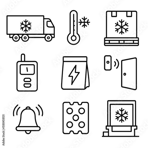 Cold Chain Icons. Line style icons of Cold Chain Transport: refrigerated trailer, snowflake thermometer, insulated pallet, data