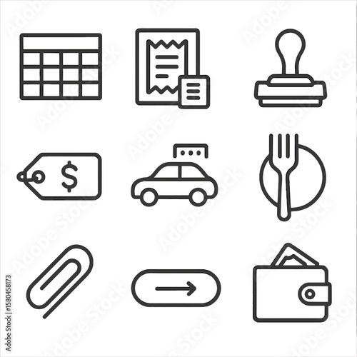 Corporate Expense Icons. Line style icons of Corporate Expense Report: spreadsheet table, receipt photo, approval stamp, cost